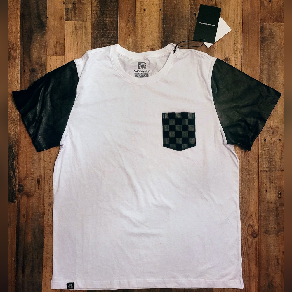 Akademiks Blank White T-Shirt Faux Leather Sleeve & Stitch Pocket Men's Size XL
